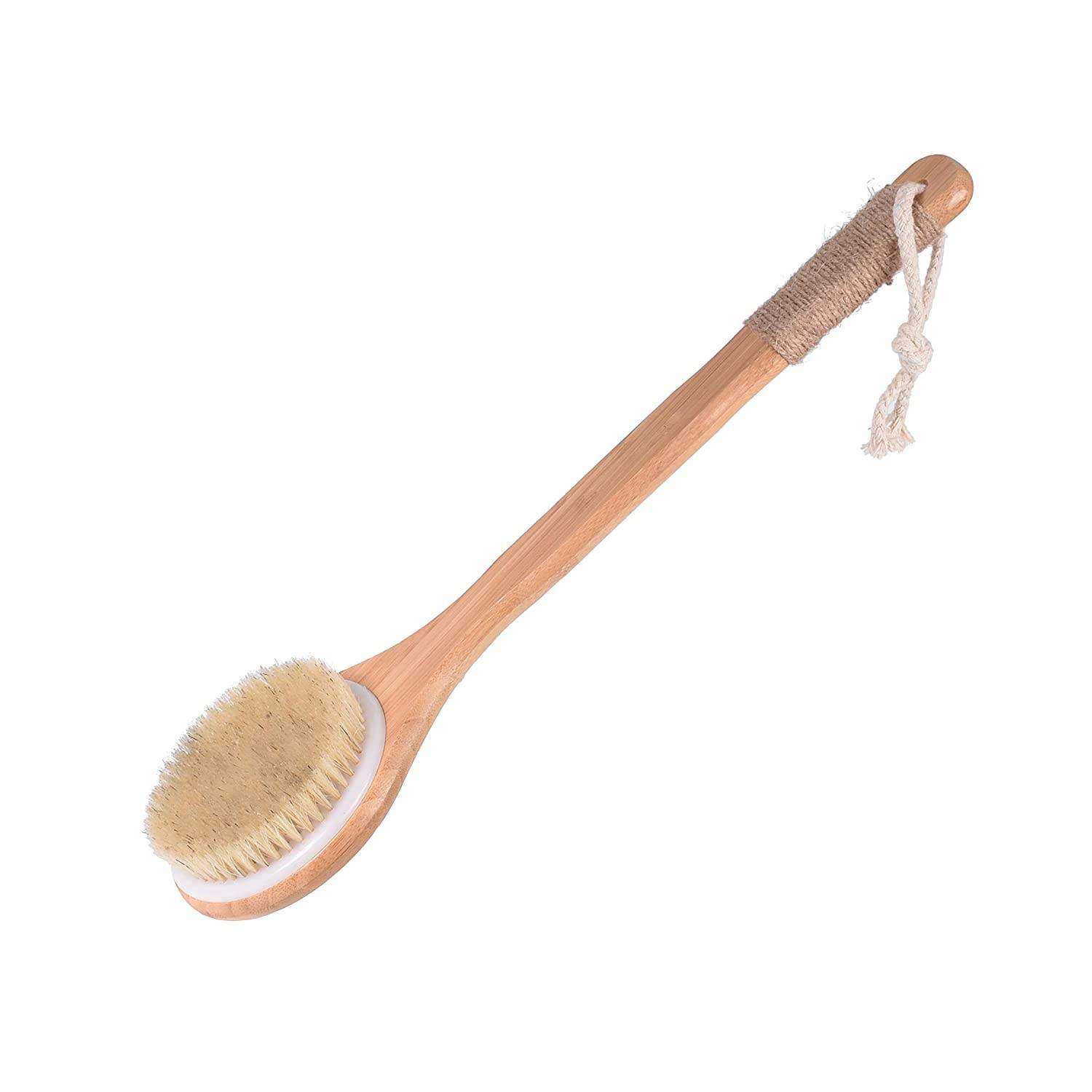 A wooden bath brush with a bamboo handle and horsehair bristles, perfect for showering and exfoliating the skin.