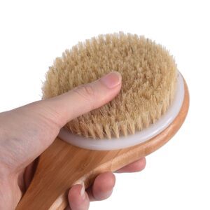A wooden bath brush with a bamboo handle and horsehair bristles, perfect for showering and exfoliating the skin.