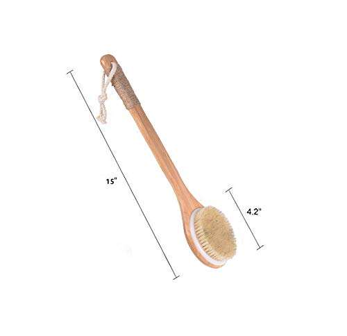 A wooden bath brush with a bamboo handle and horsehair bristles, perfect for showering and exfoliating the skin.
