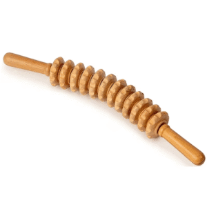Wooden roller massager with multiple rotating discs, designed for massage therapy product use and muscle stimulation.