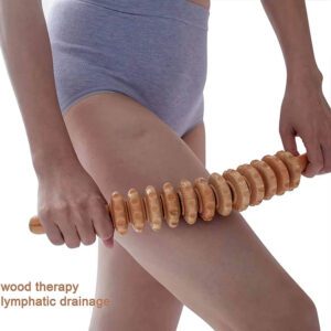 Wooden roller massager with multiple rotating discs, designed for massage therapy product use and muscle stimulation.