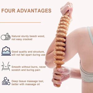 Wooden roller massager with multiple rotating discs, designed for massage therapy product use and muscle stimulation.