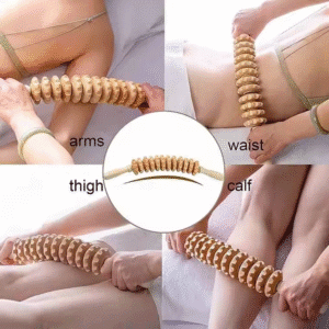 Wooden roller massager with multiple rotating discs, designed for massage therapy product use and muscle stimulation.