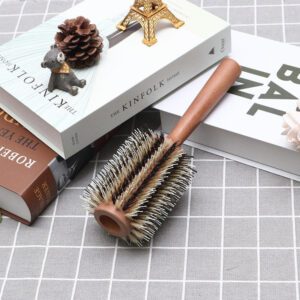 Wooden round hair brush with boar bristles for smooth styling, curling, and detangling.