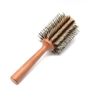 Wooden round hair brush with boar bristles for smooth styling, curling, and detangling.