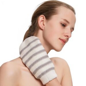 JEYGO Exfoliating Bath Gloves made with flax fibers for natural exfoliation, perfect for smoother and rejuvenated skin. A must-have for every bath or shower routine.