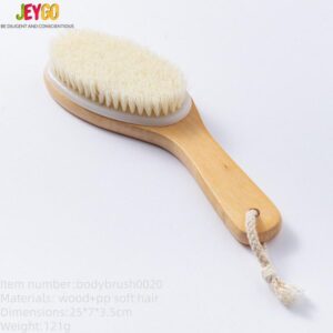A natural wood brush with soft bristles, designed for gentle exfoliation and improving skin health.