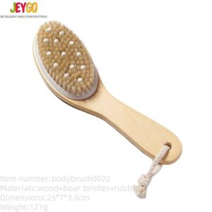 A bamboo brush with boar bristles and rubber tips, designed for exfoliating and massaging the body.