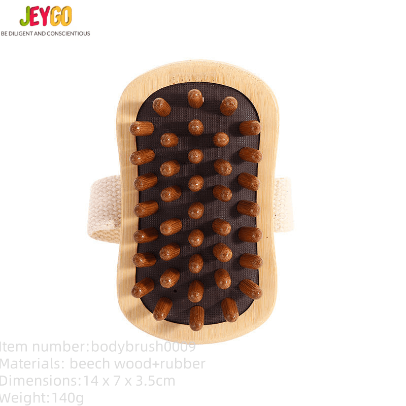 Handheld beech-wood scalp massager brush with rounded rubber massage nodes and a woven strap for comfortable grip.