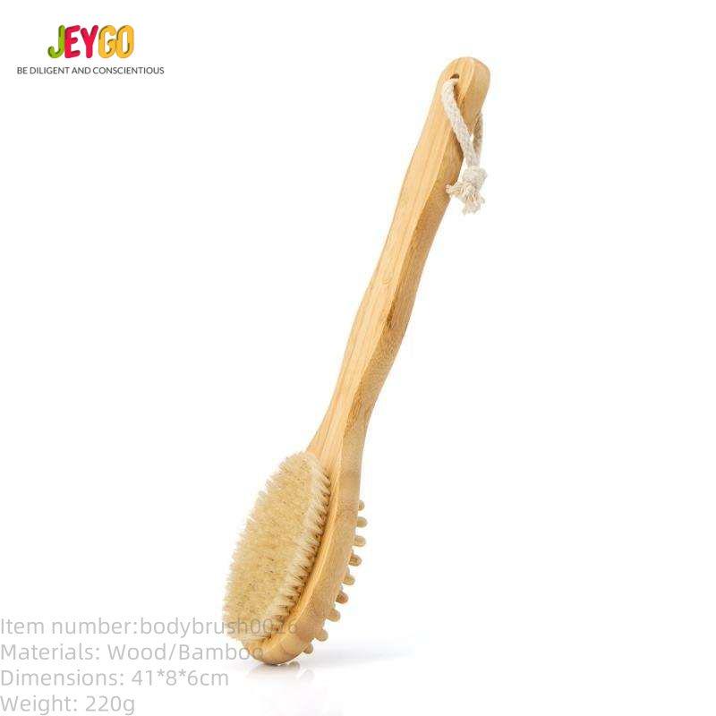 : A long handle bath brush with natural bristles and a double-sided design, perfect for exfoliating and massaging the skin.