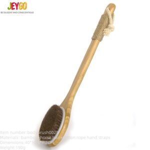 A wooden bath brush with a bamboo handle and horsehair bristles, perfect for showering and exfoliating the skin.