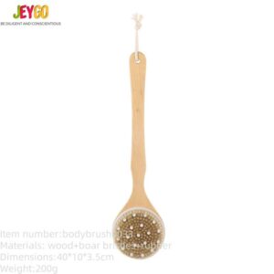 Long-handle boar bristle brush for dry brushing, featuring natural wooden construction and massaging bath brush design used to remove dead skin.