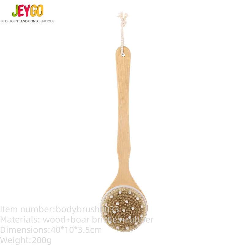 Long-handle boar bristle brush for dry brushing, featuring natural wooden construction and massaging bath brush design used to remove dead skin.