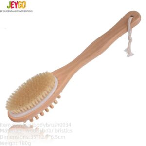 Long-handled shower brush made of natural wood with a soft natural bristle dry brush surface and massage nodes for removing dead skin.