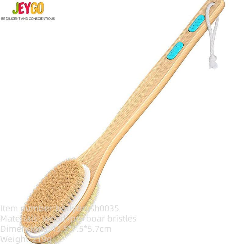 Long handle shower brush with natural bristles and non-slip grip, designed as a body scrubber tool suitable for wet or dry use.
