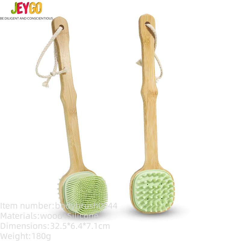 Silicone body scrubber with a long wooden handle, featuring soft silicone bristles for gentle exfoliation and daily bath use.
