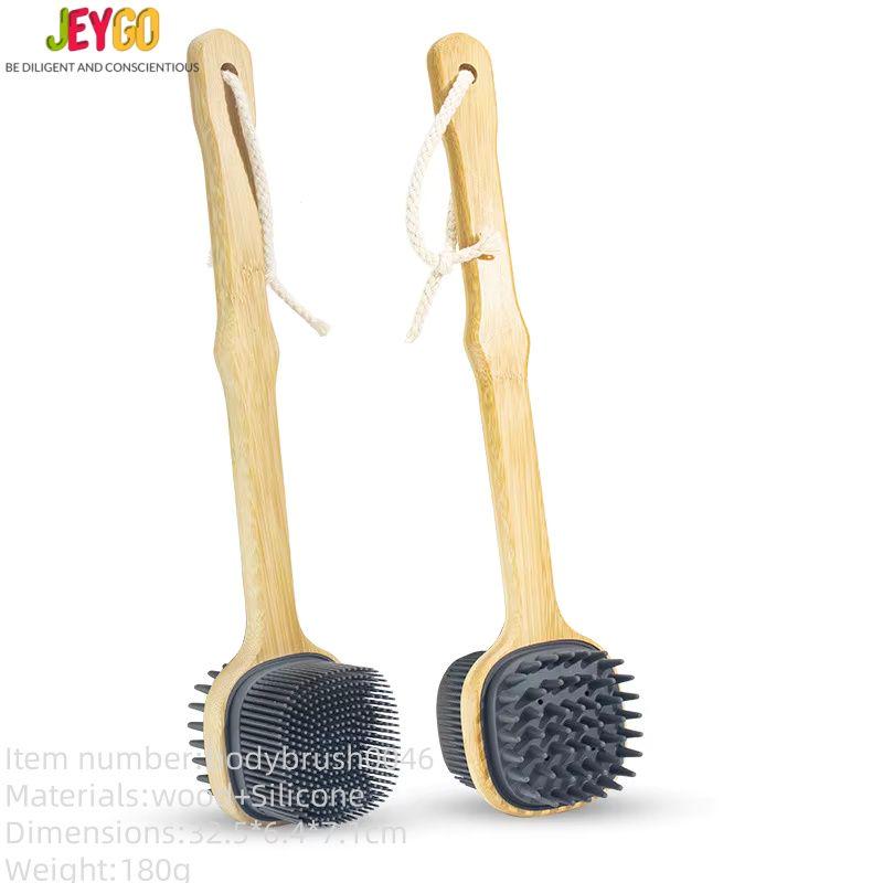 Silicone bath brush with a long bamboo handle, featuring durable silicone bristles ideal for exfoliating and back scrubbing