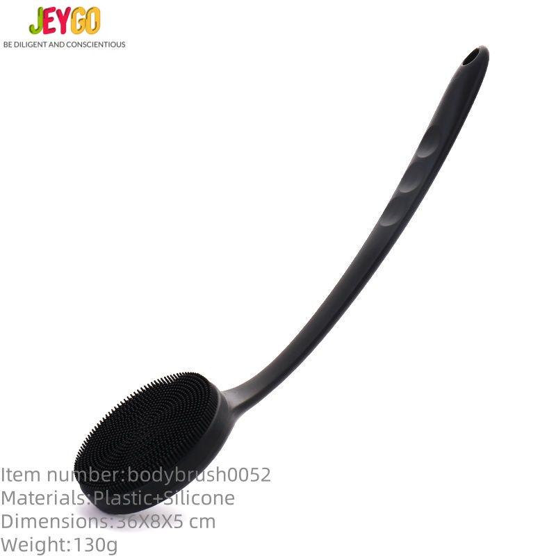 Silicone back brush with an extended handle and soft silicone bristles, designed as a bath scrubber for skin cleansing.