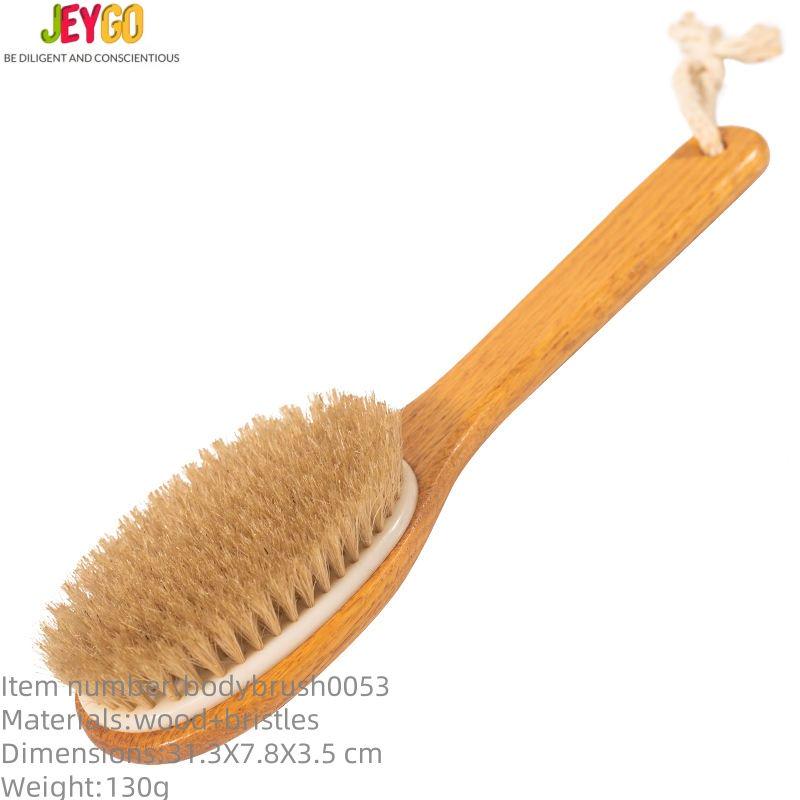 Long-handled body scrubber with natural bristles and wooden handle, designed for exfoliating and full-body bathing
