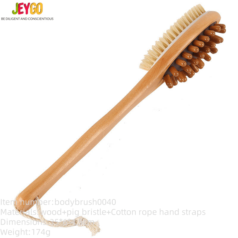 Natural bristle scrub brush with a long wooden handle and dual-side design, suitable for exfoliating as a natural scrub brush.