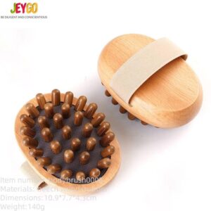 Oval-shaped wooden bath and scalp massage brush with elastic hand strap and multiple rounded massage nodes, produced by a China-based bath brush manufacturer.