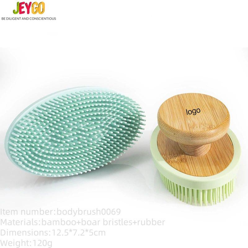 Silicone bath brush with bamboo handle for cleaning and exfoliating, featuring a soft grip design.