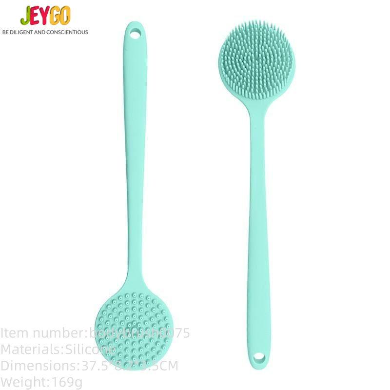 Silicone body brush with a long handle for effective exfoliation and back scrubbing in the shower or bath.