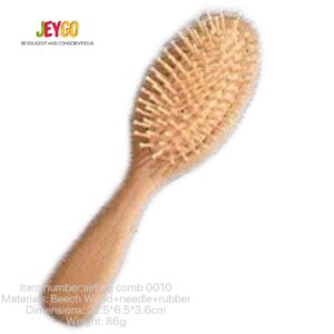 Massage comb with beech wood handle and hard rubber cushion, designed for scalp stimulation and daily grooming.