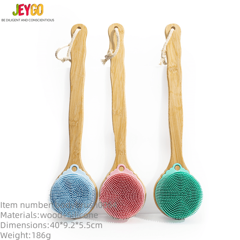 Bamboo body brush with long handle and silicone bristles, designed as a shower back brush for full-body cleansing.