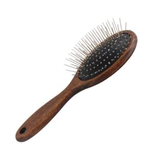 Wooden pet grooming brush with rounded stainless steel pins, designed for gentle cleaning and loose hair removal for dogs and cats