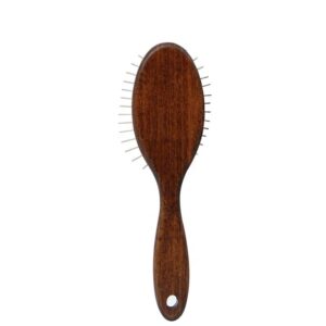 Wooden pet grooming brush with rounded stainless steel pins, designed for gentle cleaning and loose hair removal for dogs and cats