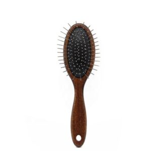 Wooden pet grooming brush with rounded stainless steel pins, designed for gentle cleaning and loose hair removal for dogs and cats