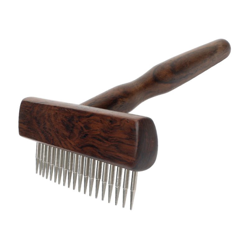 Ebony wood pet grooming brush with stainless steel pins for removing pet hair and grooming pets effectively.