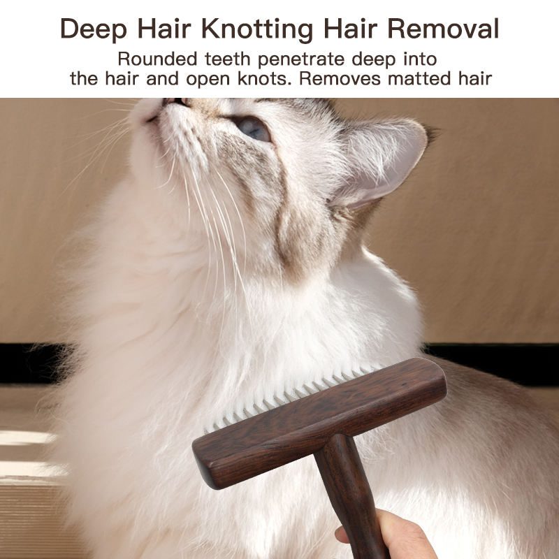 Ebony wood pet grooming brush with stainless steel pins for removing pet hair and grooming pets effectively.