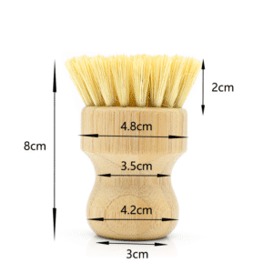 Eco-friendly bamboo dish scrub brush with natural sisal and palm fiber bristles, perfect for kitchen cleaning.