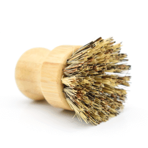 Eco-friendly bamboo dish scrub brush with natural sisal and palm fiber bristles, perfect for kitchen cleaning.
