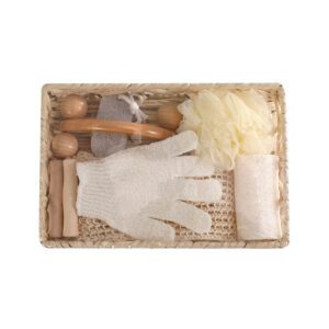 body wash set featuring body wash essentials like loofah, pumice stone, massager, gloves, and bath flower in a woven basket.