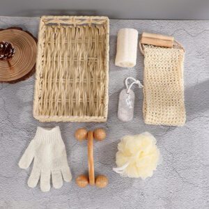 Shower gift set featuring body wash essentials like loofah, pumice stone, massager, gloves, and bath flower in a woven basket.
