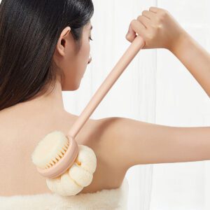 Back body scrub bath brush with long handle for shower cleaning and body exfoliation.