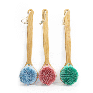 Bamboo body brush with long handle and silicone bristles, designed as a shower back brush for full-body cleansing.