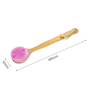 Bamboo body brush with long handle and silicone bristles, designed as a shower back brush for full-body cleansing.