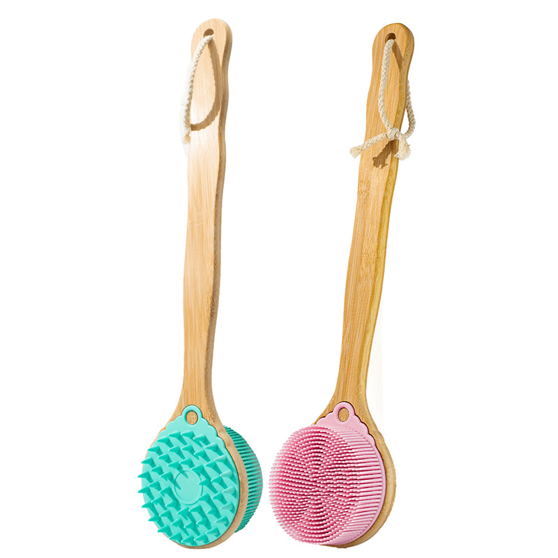 Bamboo body brush with long handle and silicone bristles, designed as a shower back brush for full-body cleansing.