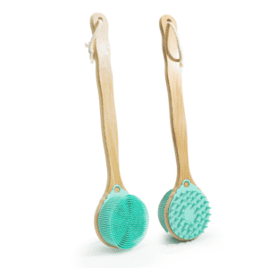 Bamboo body brush with long handle and silicone bristles, designed as a shower back brush for full-body cleansing.