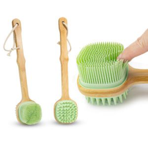 Silicone body scrubber with a long wooden handle, featuring soft silicone bristles for gentle exfoliation and daily bath use.