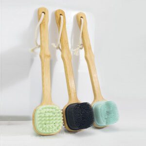 Silicone body scrubber with a long wooden handle, featuring soft silicone bristles for gentle exfoliation and daily bath use.
