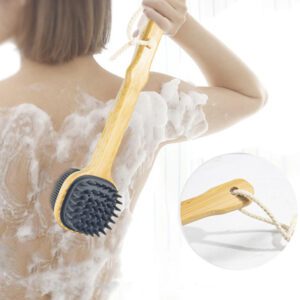 Silicone body scrubber with a long wooden handle, featuring soft silicone bristles for gentle exfoliation and daily bath use.