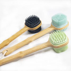 Silicone body scrubber with a long wooden handle, featuring soft silicone bristles for gentle exfoliation and daily bath use.