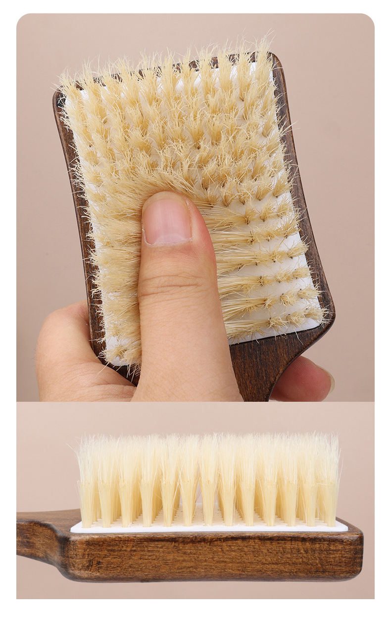 Bath brush with long handle made of dark wood and natural bristles, designed for dry body brushing and exfoliation.