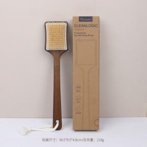 Bath brush with long handle made of dark wood and natural bristles, designed for dry body brushing and exfoliation.