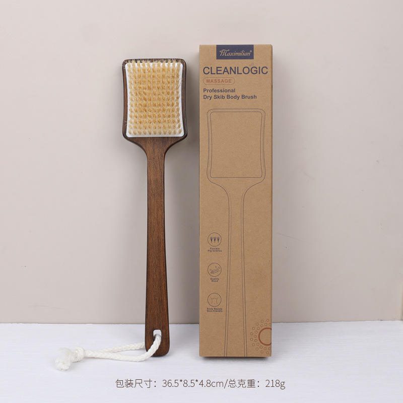 Bath brush with long handle made of dark wood and natural bristles, designed for dry body brushing and exfoliation.